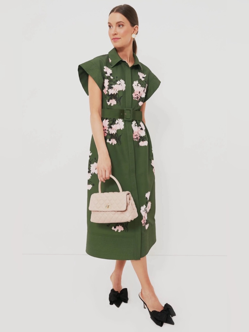 Tuckernuck Olive Green Floral Midi Dress with Pink Blossoms